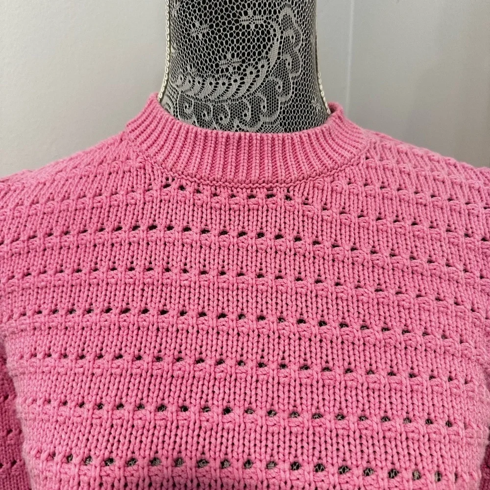 J.Crew Size S Balloon Sleeve Pointelle crochet Sweater Baby Pink Cotton Blend.